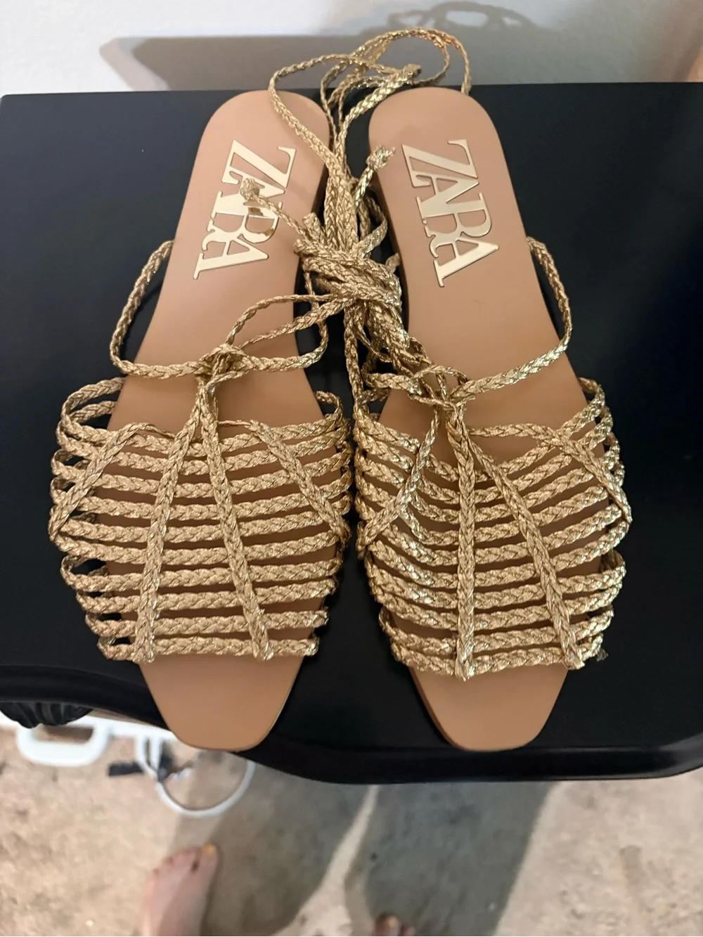 ZARA Gold Braided Strappy Flat Sandal - Women SZ 40 - Picture 3 of 7